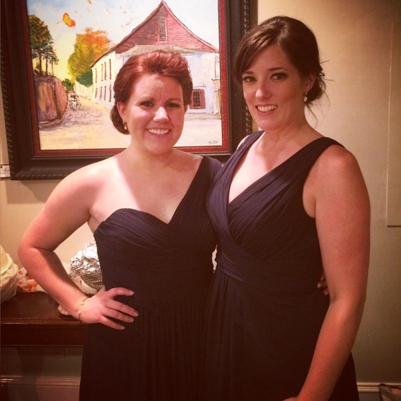 BILL LEVKOFFOne Shoulder Navy Bridesmaid’s Gown